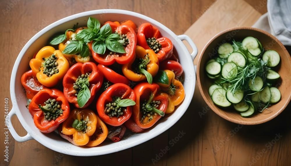 Fresh gourmet vegetarian meal with grilled tomato and bell pepper Fresh gourmet vegetarian meal with grilled tomato and bell pepper
