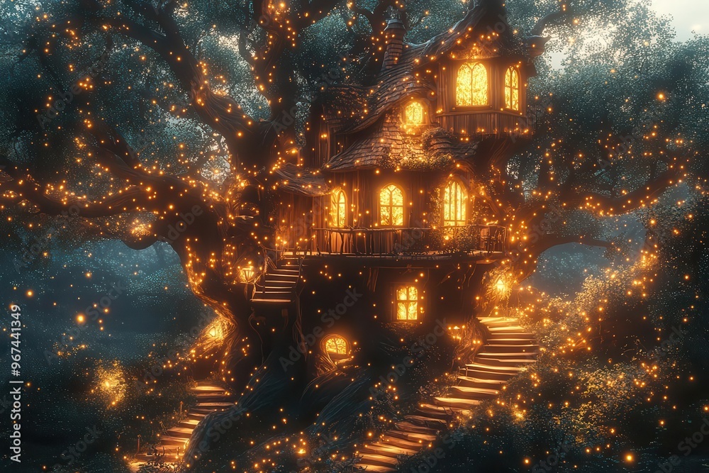 Naklejka premium whimsical treehouse nestled in ancient gnarled tree magical forest setting with bioluminescent plants and fireflies create enchanted atmosphere in twilight scene