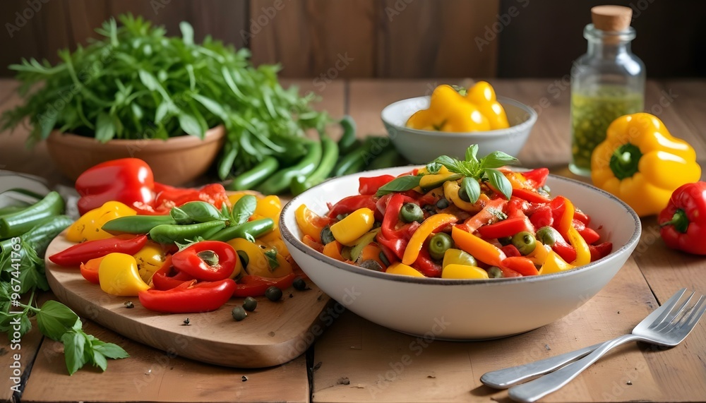 Fresh gourmet vegetarian meal with grilled tomato and bell pepper Fresh gourmet vegetarian meal with grilled tomato and bell pepper