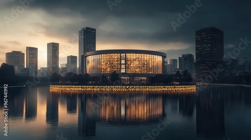 Company headquarters on an island with a moat of glowing customer feedback, symbolizing brand loyalty, business moat