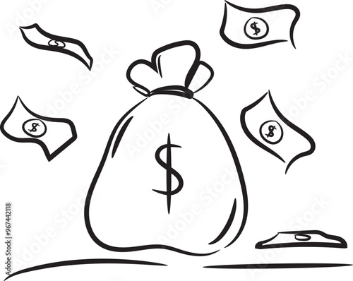 Money bag icon and scattered money. Illustration of Business Financial Growth