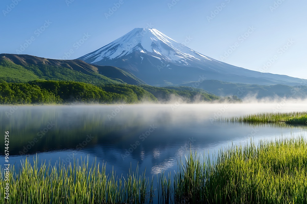 Sunset light on tops of mountains with reflections in lake Sunset light on tops of mountains with reflections in lake