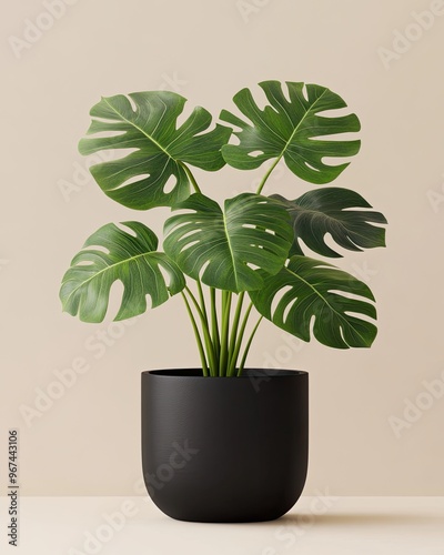 A vibrant monstera plant in a sleek black pot, perfect for adding a touch of greenery to any indoor space. photo