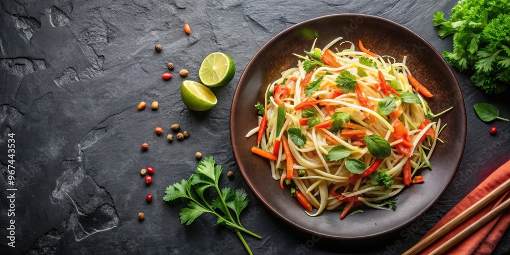 Plate of papaya salad and cabbage slaw with lime wedges, cilantro, and spices on dark background, fresh, food, healthy