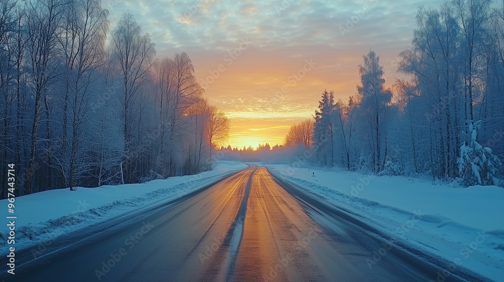 Perspective highway road, mountain forest view and blue sky on winter travel journey Perspective highway road, mountain forest view and blue sky on winter travel journey