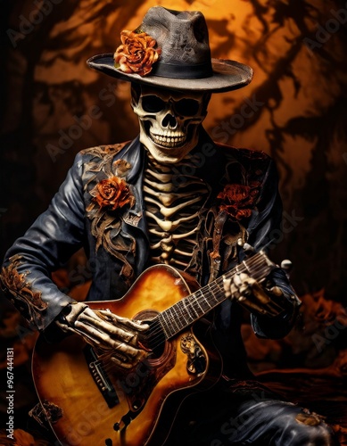 This haunting illustration features a skeleton wearing a hat and playing a guitar, surrounded by autumn leaves in a dark forest. With detailed roses decorating the skeleton and a spooky atmosphere