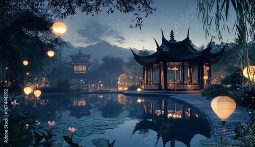 Evening Garden at an Ancient Temple photo