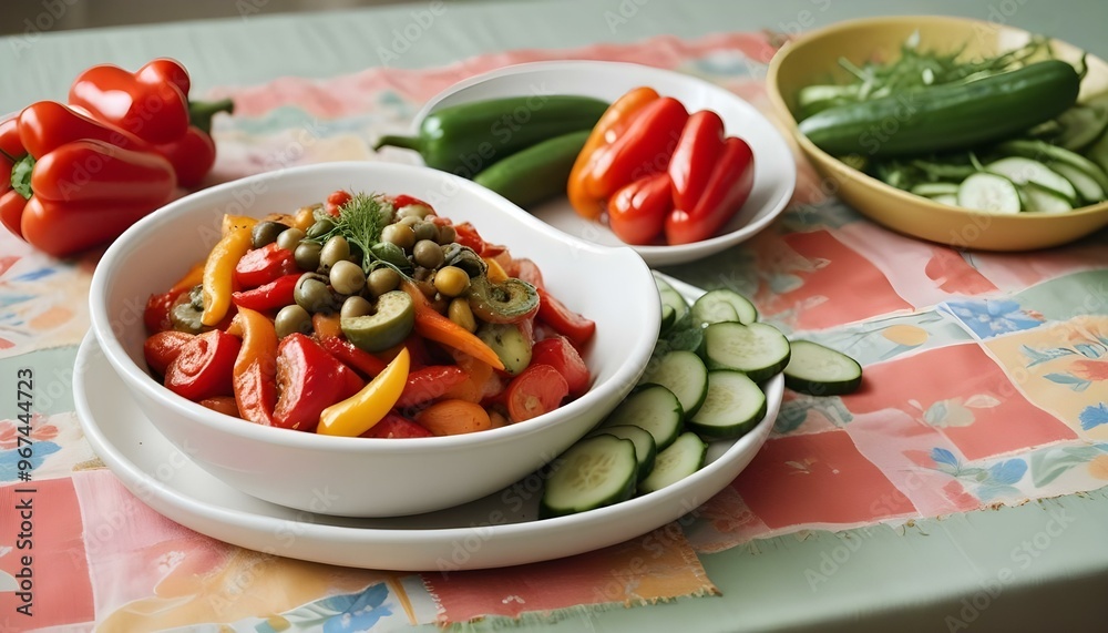 Fresh gourmet vegetarian meal with grilled tomato and bell pepper Fresh gourmet vegetarian meal with grilled tomato and bell pepper