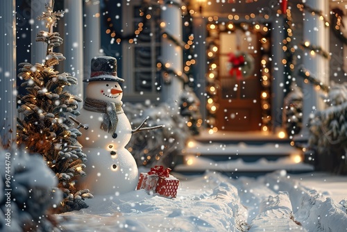 Snowman beside house entrance in winter christmas scene with snow, pine trees and warm lights photo