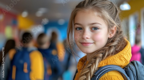 Wallpaper Mural Young School Girl Smiling with Backpack in Hallway Torontodigital.ca