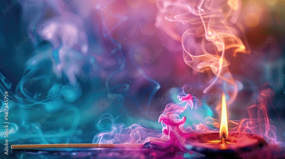 Fototapeta premium Colorful smoke from burning incense sticks on abstract background