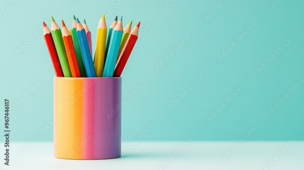 Fototapeta premium Colorful Pencils in a Striped Holder