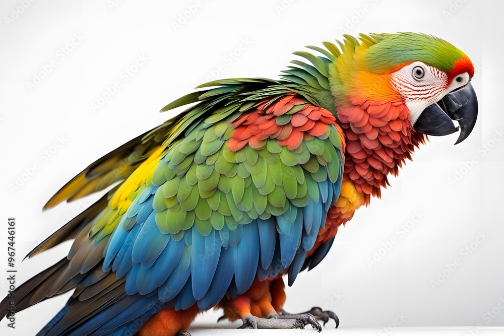 Obraz premium A colorful parrot with vibrant feathers perched on a white background, Ai Generated
