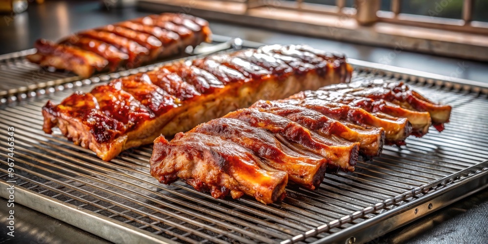 Cooked pork ribs arranged on a perforated surface in an industrial kitchen setting, culinary, food, cooking Cooked pork ribs arranged on a perforated surface in an industrial kitchen setting, culinary, food, cooking
