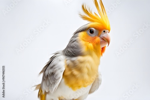 A curious cockatiel with yellow and orange feathers standing on a white background, Ai Generated