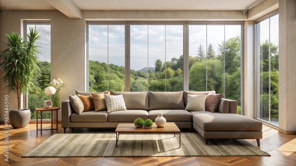 Living room with a large couch and a large window , cozy, home, interior, design, comfortable, stylish, modern Living room with a large couch and a large window , cozy, home, interior, design, comfortable, stylish, modern