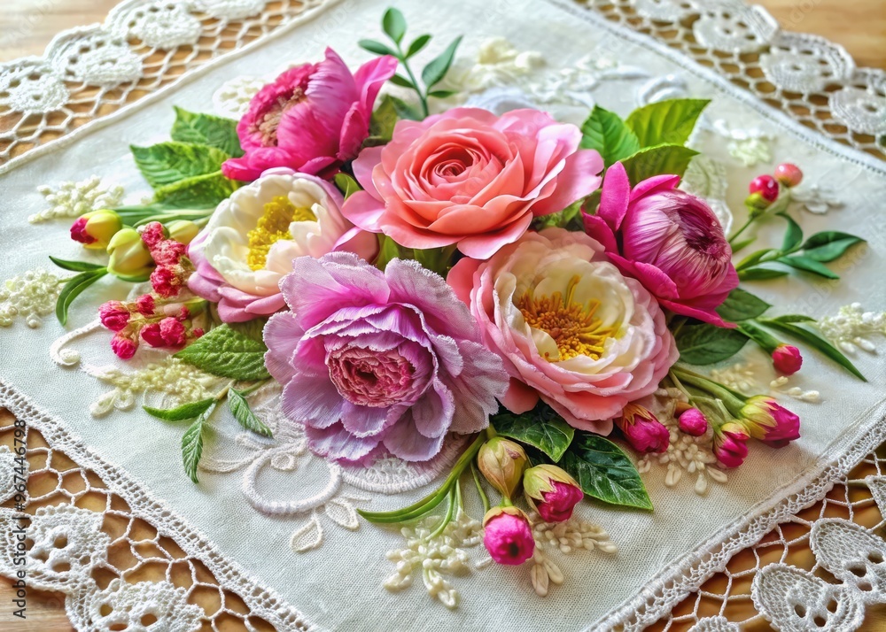 Vibrant peonies and roses embroidered on a delicate lace napkin, surrounded by intricate floral patterns and subtle shimmer accents. Vibrant peonies and roses embroidered on a delicate lace napkin, surrounded by intricate floral patterns and subtle shimmer accents.