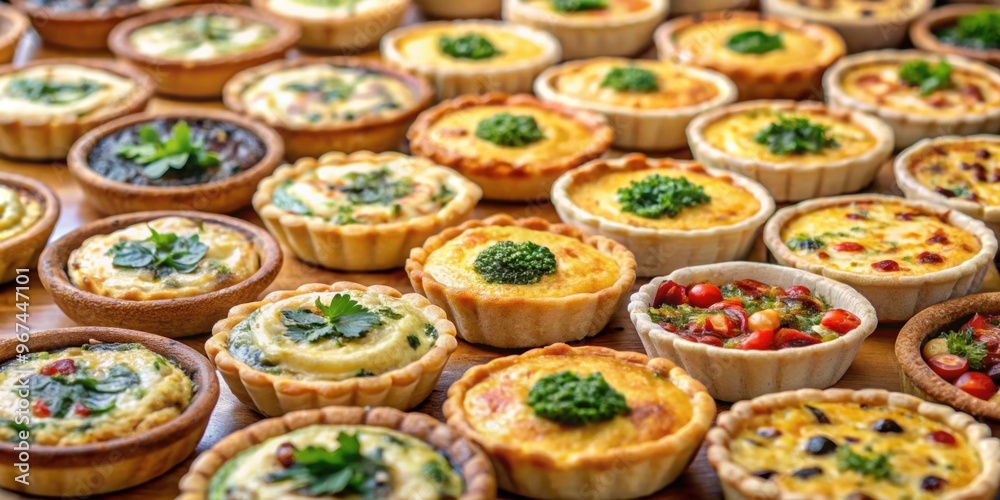 Fototapeta premium Assorted vegetarian quiches displayed at a market stall, vegetarian, quiche, savory, pie, pastry, market, stall, display