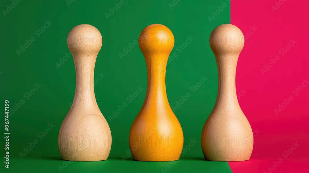 Three Wooden Bowling Pins on a Green and Red Background Three Wooden Bowling Pins on a Green and Red Background