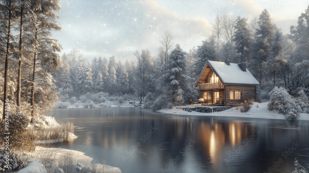 Fototapeta premium Winter cabin retreat, serene lakeside scene with snow, twinkling lights, and tranquil ambiance