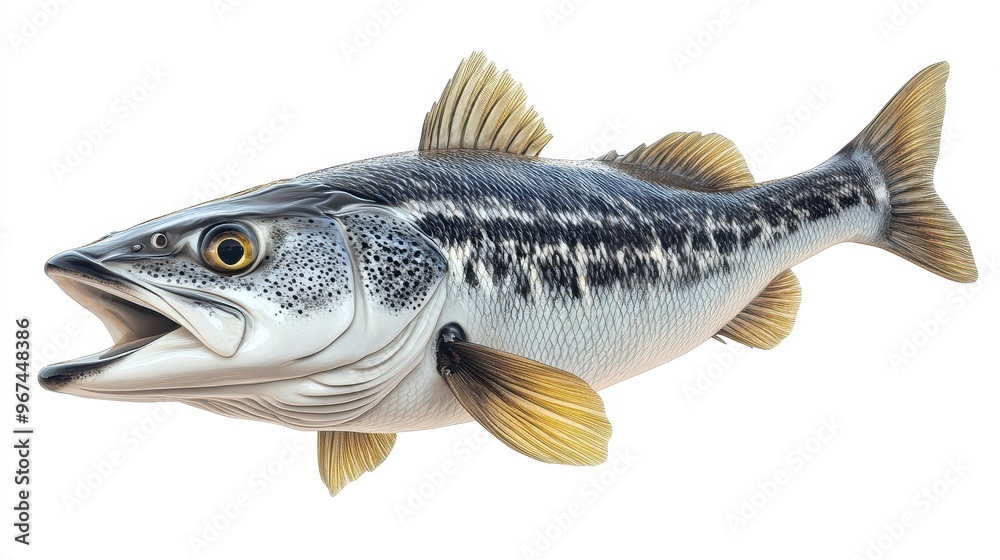 Fototapeta premium Sea bass clipart, element, 3D illustration, realistic, isolated on white background