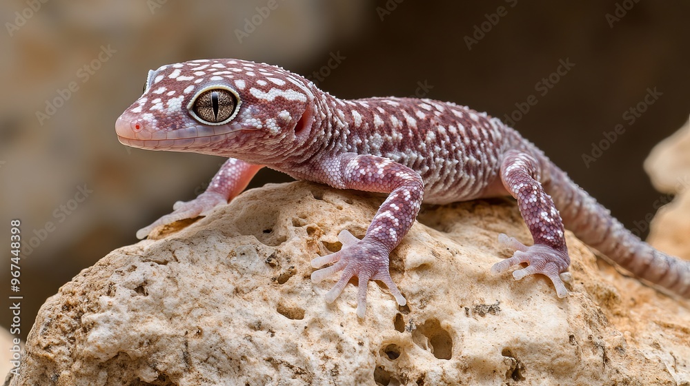A gecko from Mauritania, Tarentola mauritanica, rests on a rock in its home. A gecko from Mauritania, Tarentola mauritanica, rests on a rock in its home.