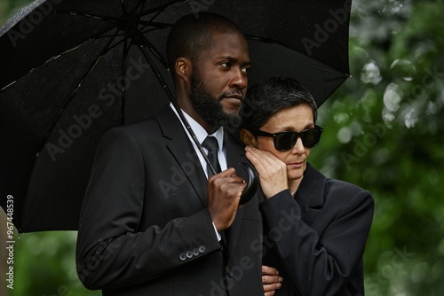 Photography Medium shot of senior woman holding supportive husband by arm grieving at memorial ceremony