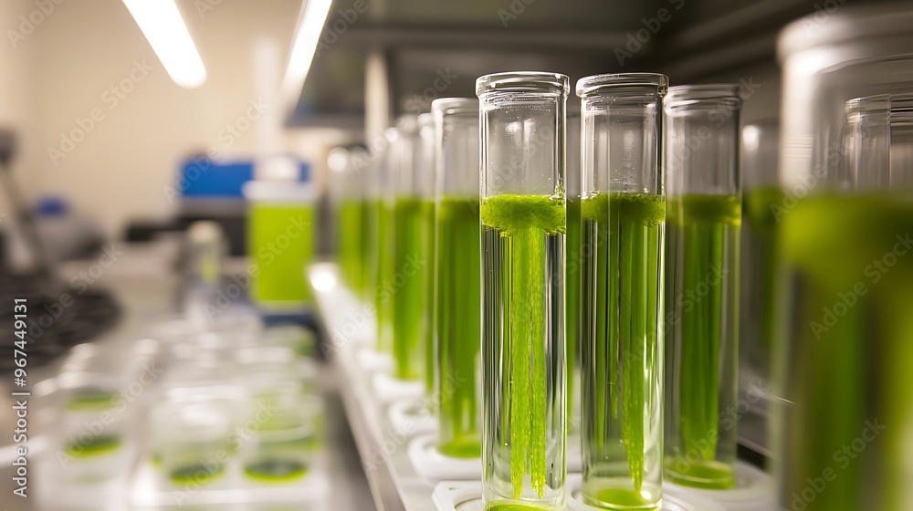 Green Algae in Test Tubes in Laboratory Setting Green Algae in Test Tubes in Laboratory Setting