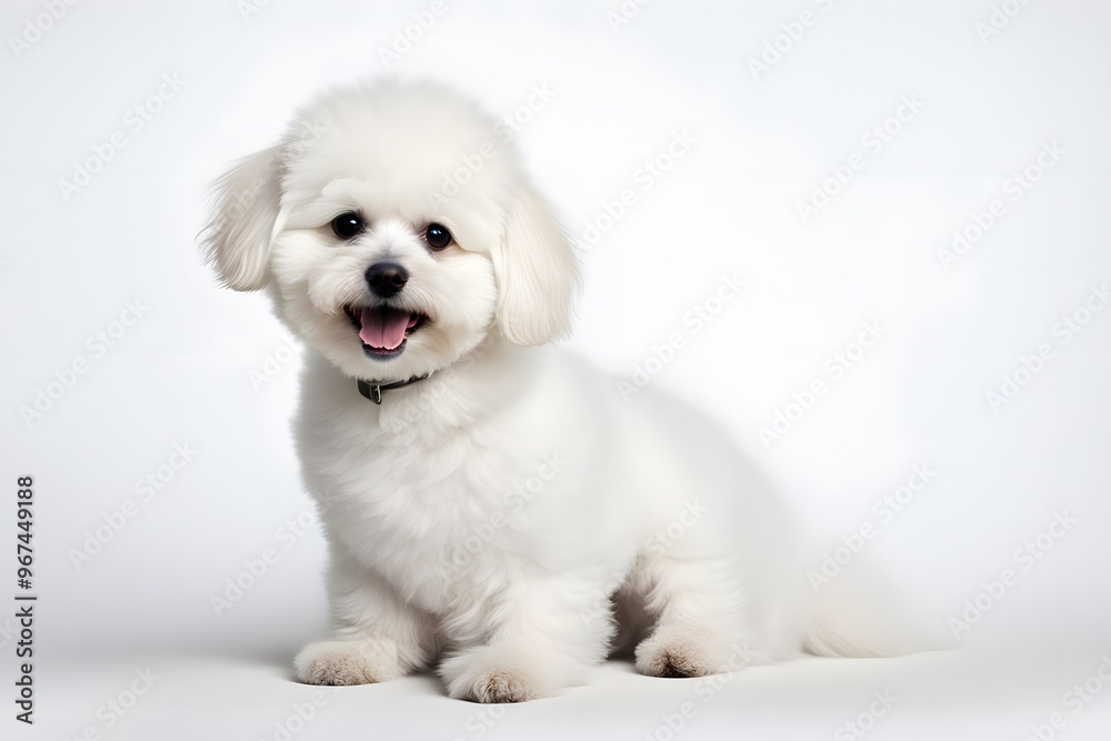 A fluffy white bichon frise sitting with its tail wagging on a white background, Ai Generated A fluffy white bichon frise sitting with its tail wagging on a white background, Ai Generated