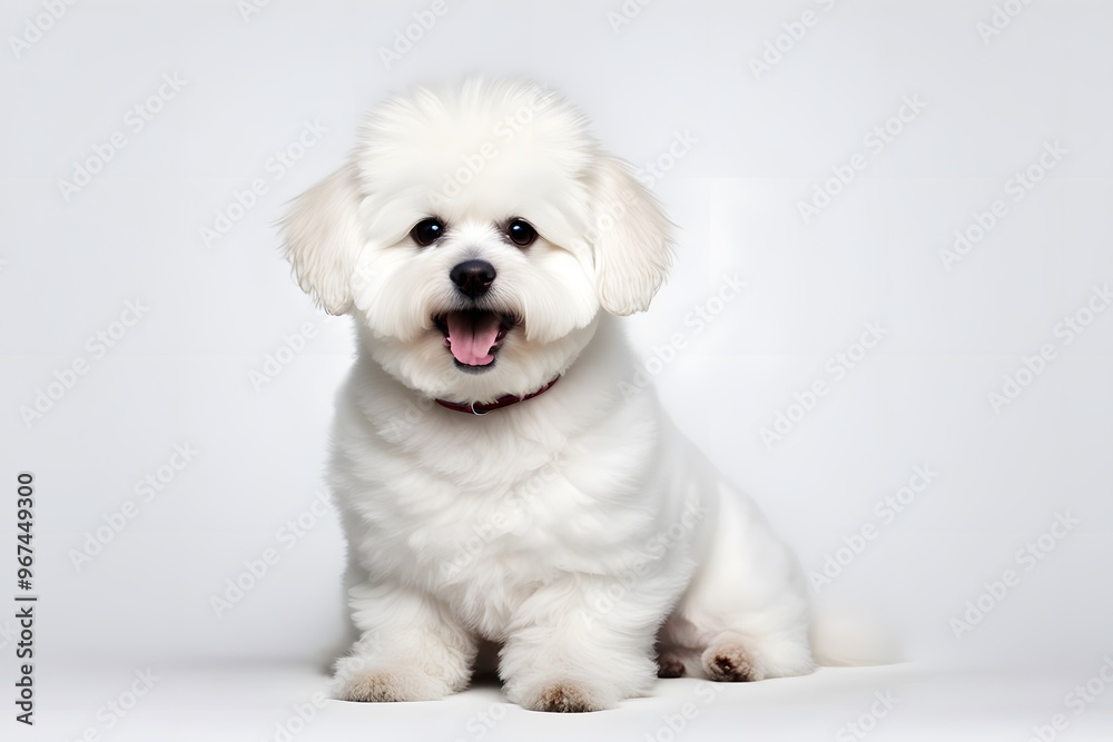 A fluffy white bichon frise sitting with its tail wagging on a white background, Ai Generated A fluffy white bichon frise sitting with its tail wagging on a white background, Ai Generated