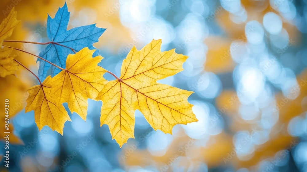 Autumn Magic: Close-up of Maple Leaves Transitioning from Soft Yellow to Sky Blue with Delicate Veins and Blurred Background Autumn Magic: Close-up of Maple Leaves Transitioning from Soft Yellow to Sky Blue with Delicate Veins and Blurred Background