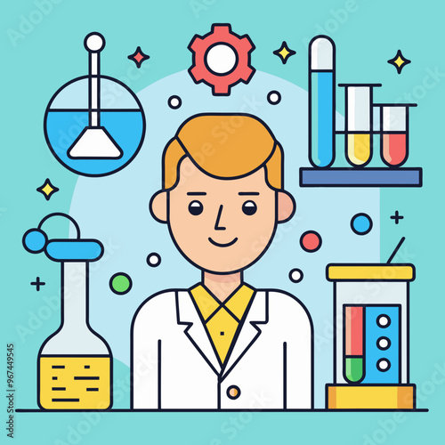 A man in a lab coat smiles as he stands surrounded by various scientific equipment. The scene embodies curiosity and excitement about scientific discovery