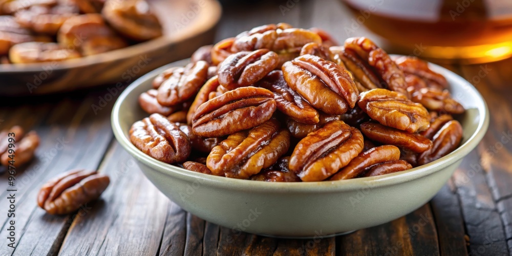 Close-up image of caramelized pecans in syrup, roasted, pecans, caramel, syrup, close-up, food, sweet, dessert, delicious, snack Close-up image of caramelized pecans in syrup, roasted, pecans, caramel, syrup, close-up, food, sweet, dessert, delicious, snack