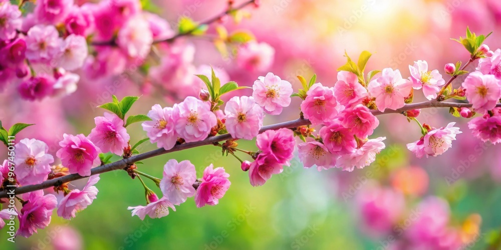 Blooming cherry branch in a spring garden with vibrant pink flowers and green leaves, Cherry blossom, spring, garden, blooming, flowers Blooming cherry branch in a spring garden with vibrant pink flowers and green leaves, Cherry blossom, spring, garden, blooming, flowers