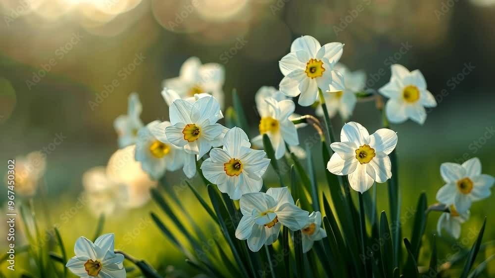 Breathtaking view of lovely white daffodils blooming in a sunlit garden during springtime Breathtaking view of lovely white daffodils blooming in a sunlit garden during springtime