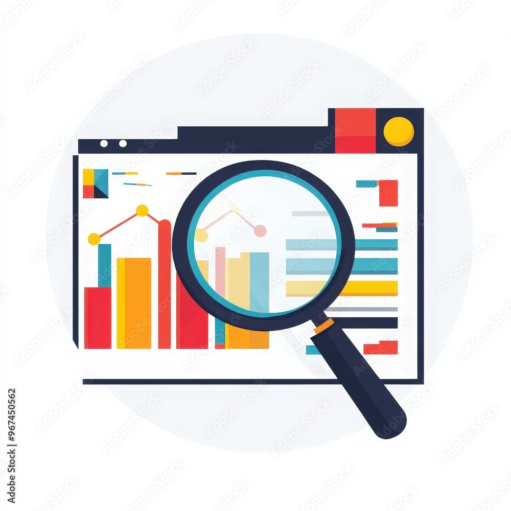 Colorful data visualization with magnifying glass illustrating analysis, insights, and business metrics for effective decision-making. Colorful data visualization with magnifying glass illustrating analysis, insights, and business metrics for effective decision-making.