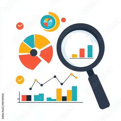 Colorful data visualization with charts and a magnifying glass, ideal for business insights and analytical presentations. photo