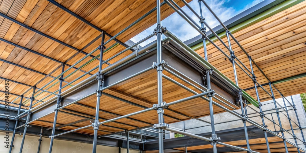 Modern scaffold structure with wooden battens and graphite soffit , scaffolding, wooden battens, graphite, soffit Modern scaffold structure with wooden battens and graphite soffit , scaffolding, wooden battens, graphite, soffit