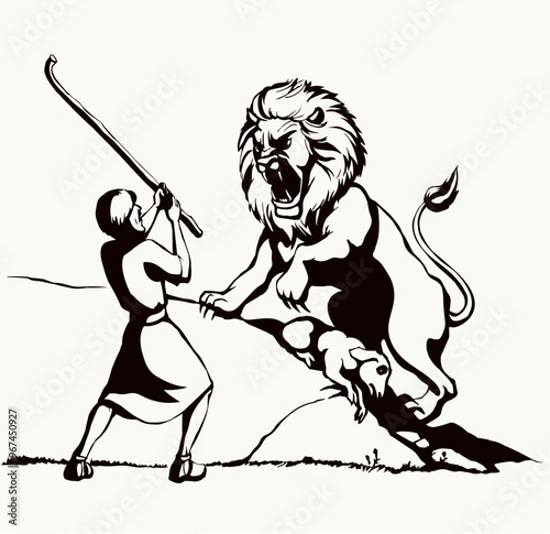 Vector drawing. An angry lion steal sheep