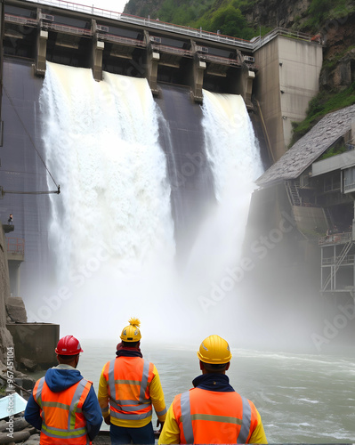 hydroelectric dam with cascading water workers in safety gear