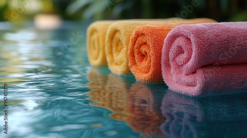 Colorful rolled towels by a pool reflecting in the water.