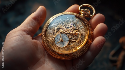 Vintage Pocket Watch in Hand Gold Mechanical Clock Timepiece Closeup