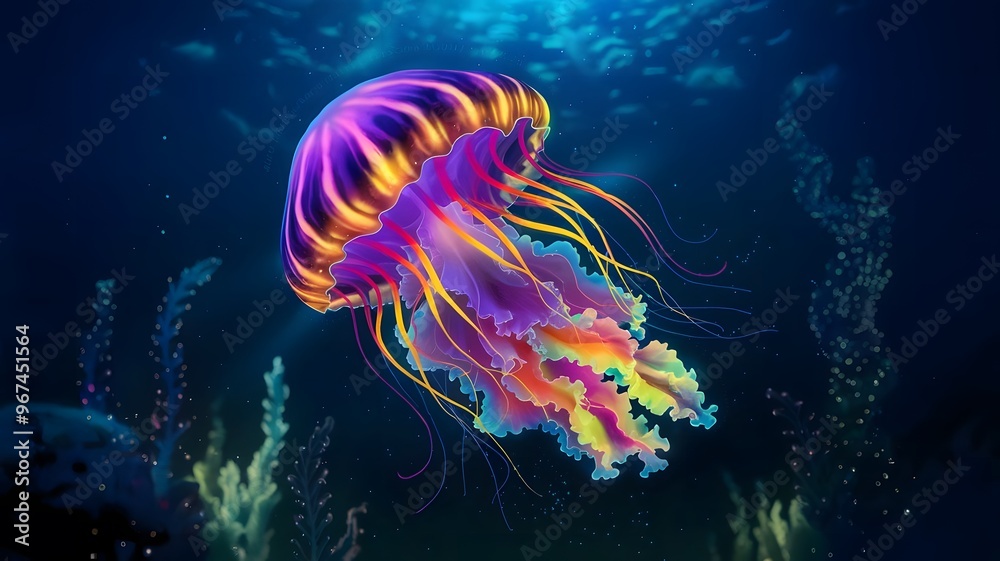 Fototapeta premium An AI-generated artwork of a deep ocean scene with a vibrant colorful jellyfish. The jellyfish has glowing tentacles and luminous highlights.