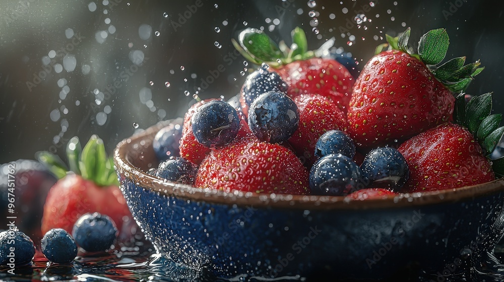Fresh Strawberries and Blueberries in a Bowl with Water Droplets Fresh Strawberries and Blueberries in a Bowl with Water Droplets