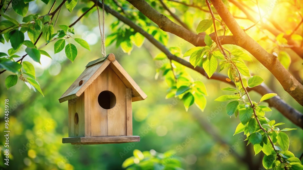 Bird house on a tree branch surrounded by green leaves, birdhouse, tree, nature, wildlife, wooden, home, nesting, habitat Bird house on a tree branch surrounded by green leaves, birdhouse, tree, nature, wildlife, wooden, home, nesting, habitat