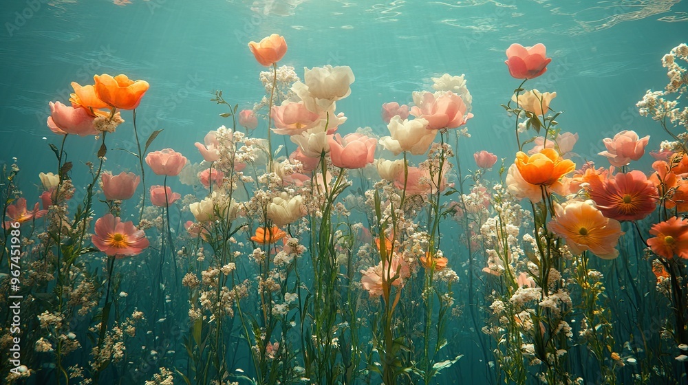 Obraz premium A surreal underwater world where flowers bloom in vibrant colors, defying the laws of nature.
