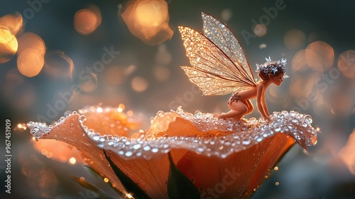 A whimsical scene of a tiny fairy perched on a giant rose petal, surrounded by dewdrops glistening like diamonds. photo