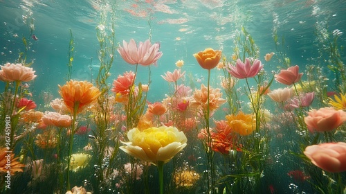 A surreal underwater world where flowers bloom in vibrant colors, defying the laws of nature. photo