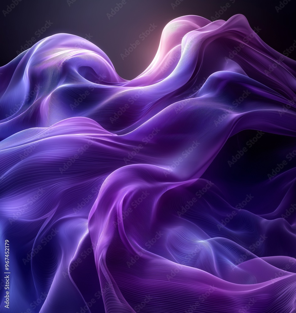 Fototapeta premium Ethereal, flowing waves of vivid purple light against a deep, dark background. The smooth, curving forms create an abstract, futuristic composition