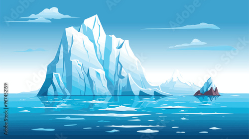 Drifting icebergs. Antarctic rocks panorama. Arctic glacier landscape. Northern waters with floating ice pieces. Global warming. Frozen chunks melting. Cold ocean